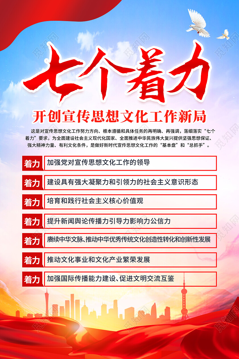 红色简约全国宣传思想文化工作会议精神文化思想七个着力海报党政党建