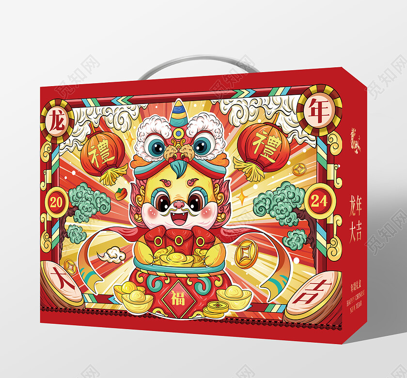 红色国潮中国年2024龙年大吉春节礼盒包装手提盒2024新年龙年包装