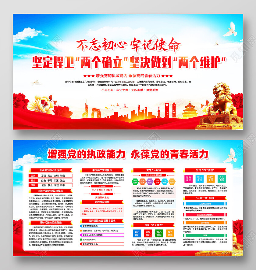 红色简约两个结合两个确立坚定捍卫两个确立党建展板党政党建