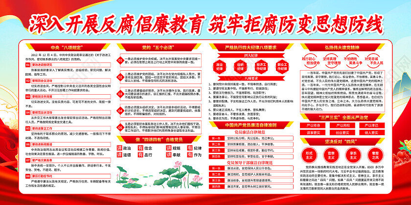 红色简约权力公开透明施政廉洁高效反腐倡廉展板党政党建