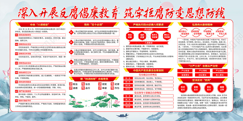 蓝色水墨风权力公开透明施政廉洁高效反腐倡廉展板党政党建
