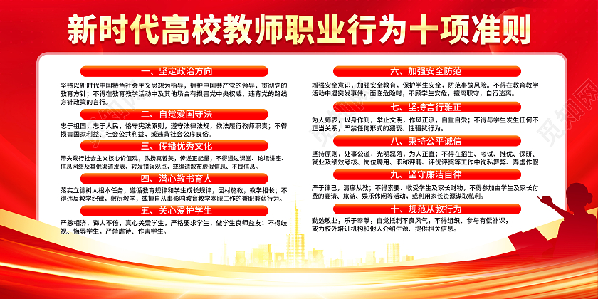 红色简约新时代高效教师职业行为十项准则师德师风展板党政党建