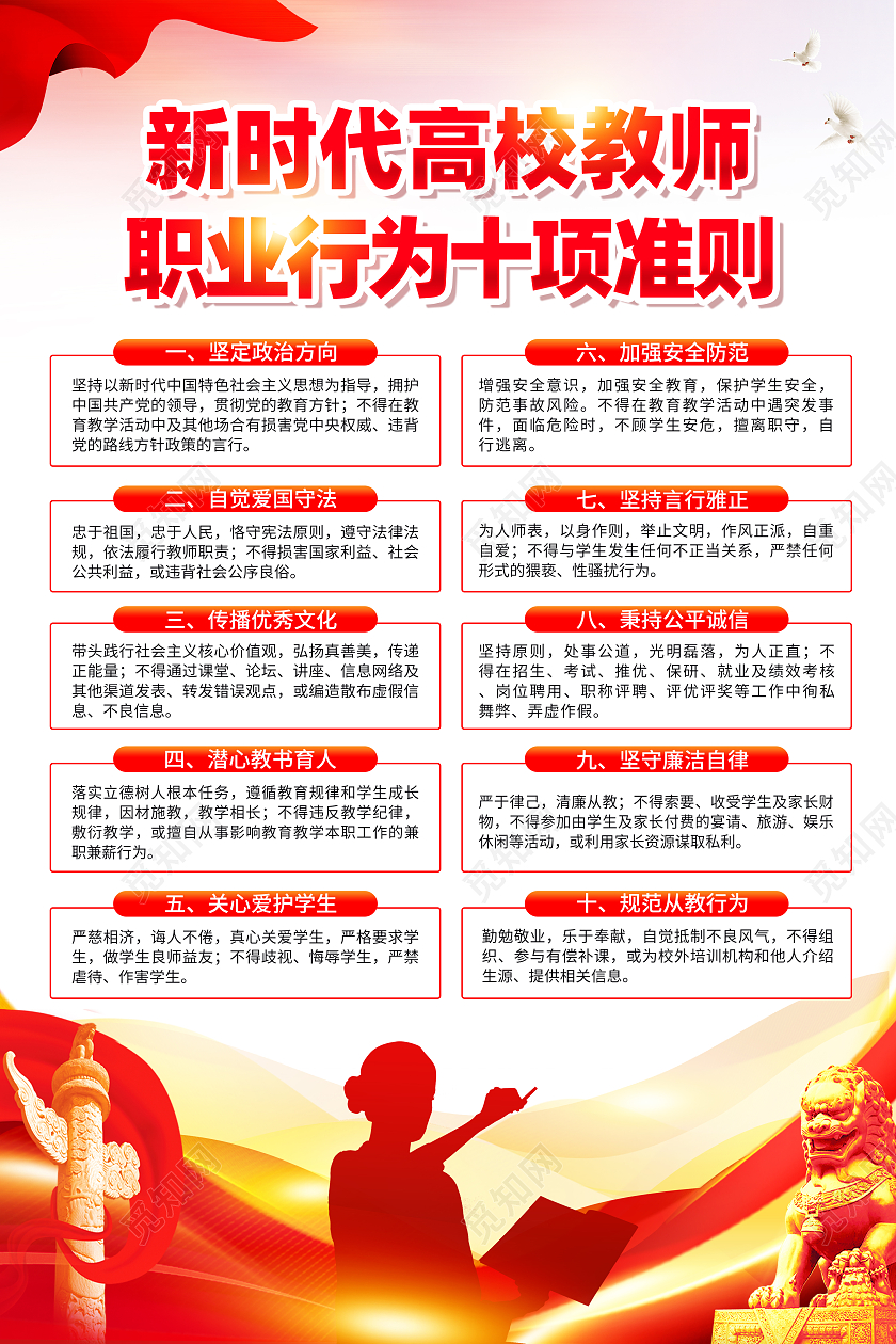 红色简约新时代高校教师职业行为十项准则师德师风海报党政党建