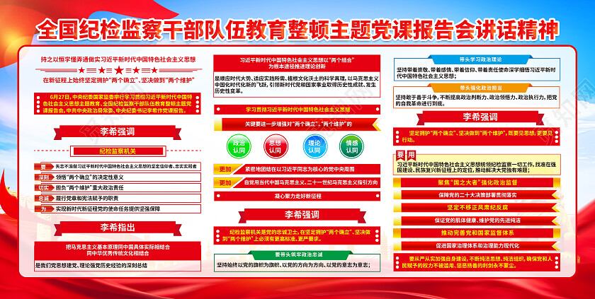 红色简约纪检监察干部队伍教育整顿坚决做到两个维护展板党政党建