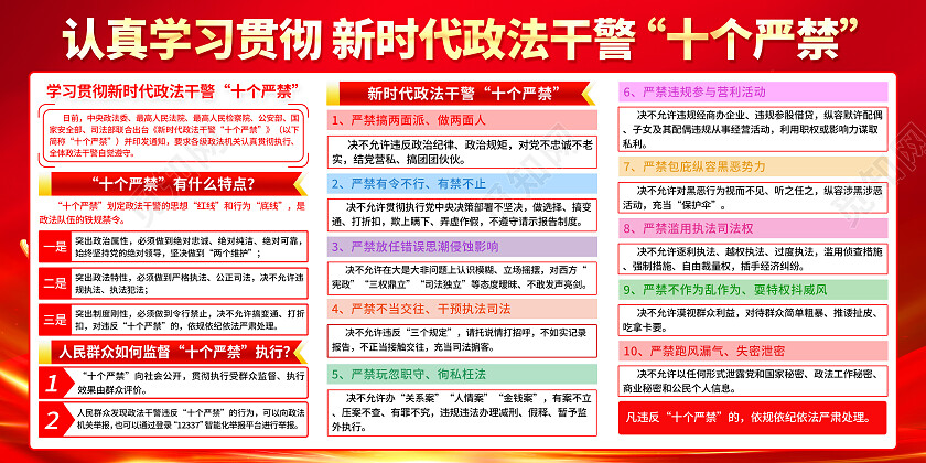 红色简约新时代政法干警十个严禁展板党政党建