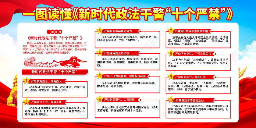 红色简约新时代政法干警十个严禁展板党政党建