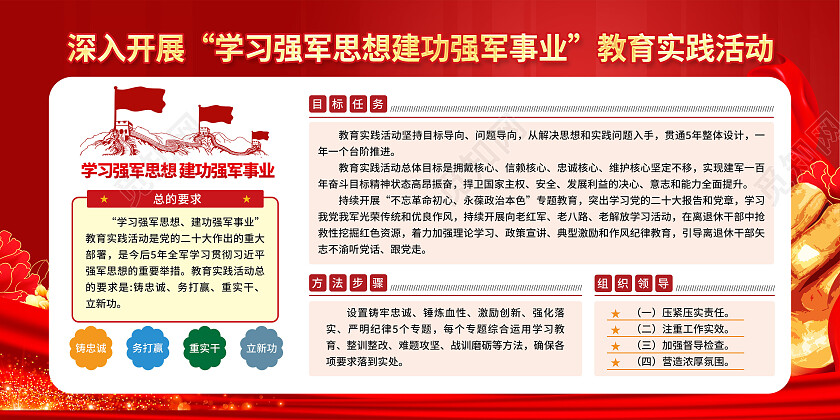 红色简约学习强军思想建功强军事业强军思想展板党政党建