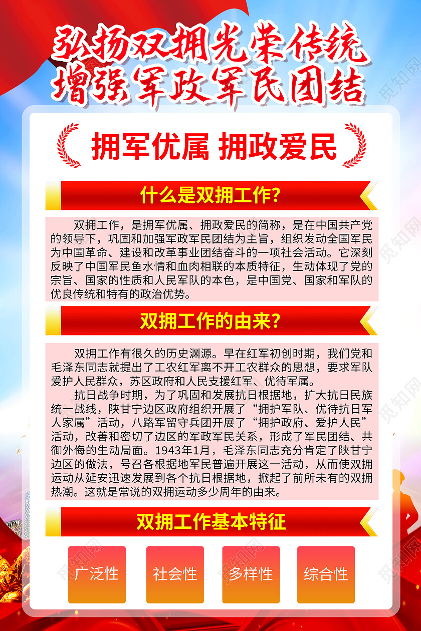 红色简约拥军优属拥政爱民拥军拥民双拥海报党政党建