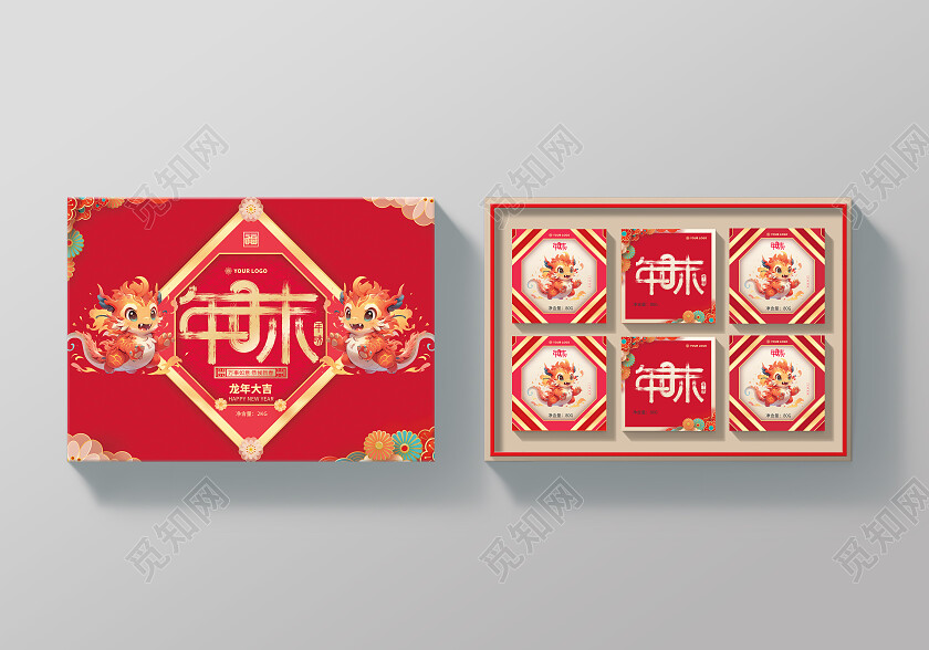 红色插画国潮大气喜庆风年味年味礼盒2024龙年包装礼盒2024新年龙年包装