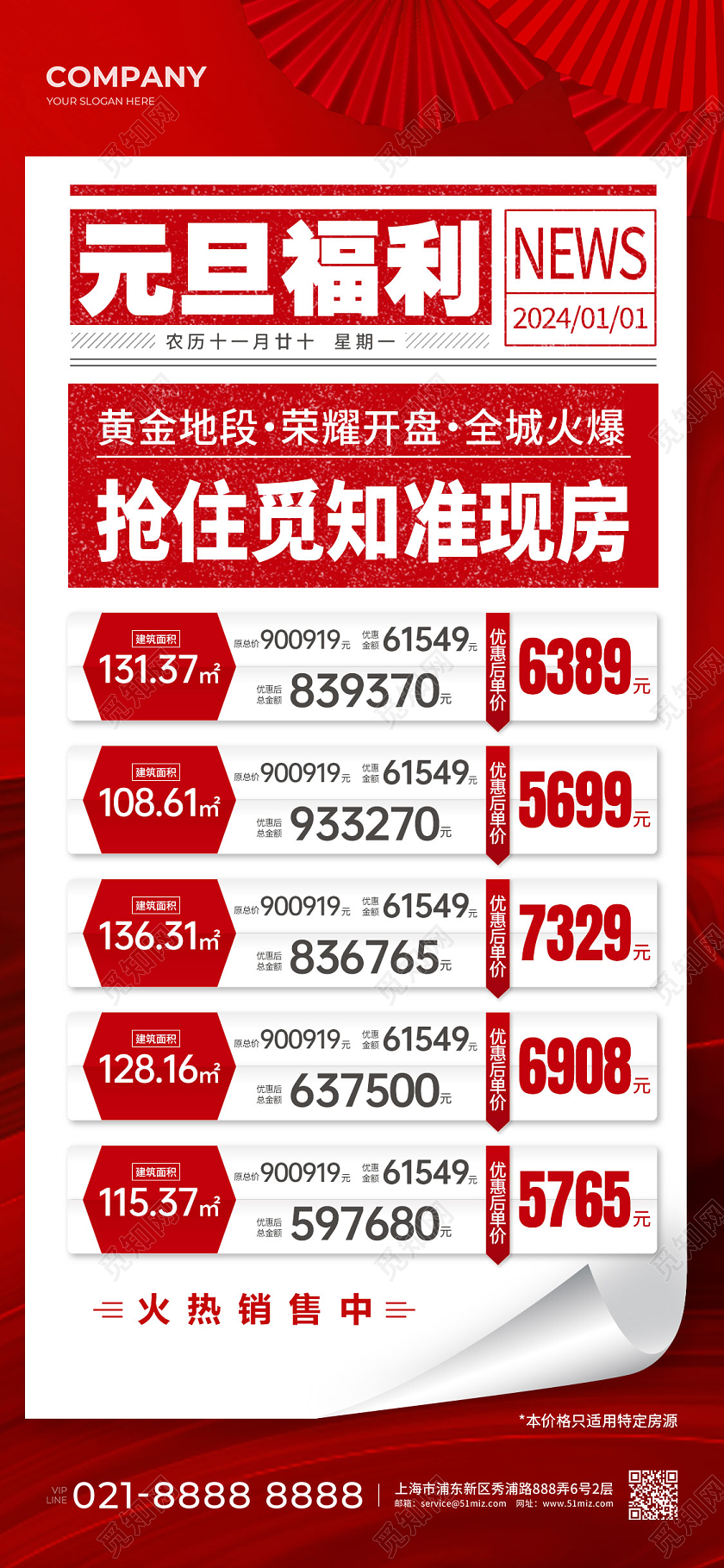红色报纸风元旦福利元旦地产促销手机文案海报地产元旦