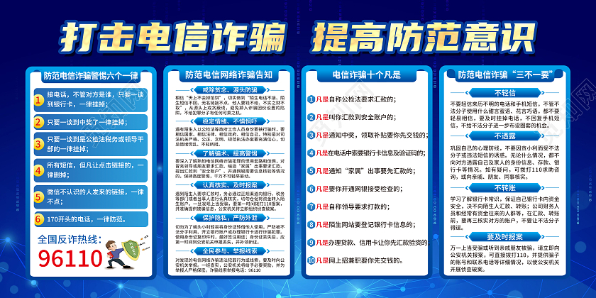 蓝色简约打击电信诈骗提高防范意识诈骗展板党政党建