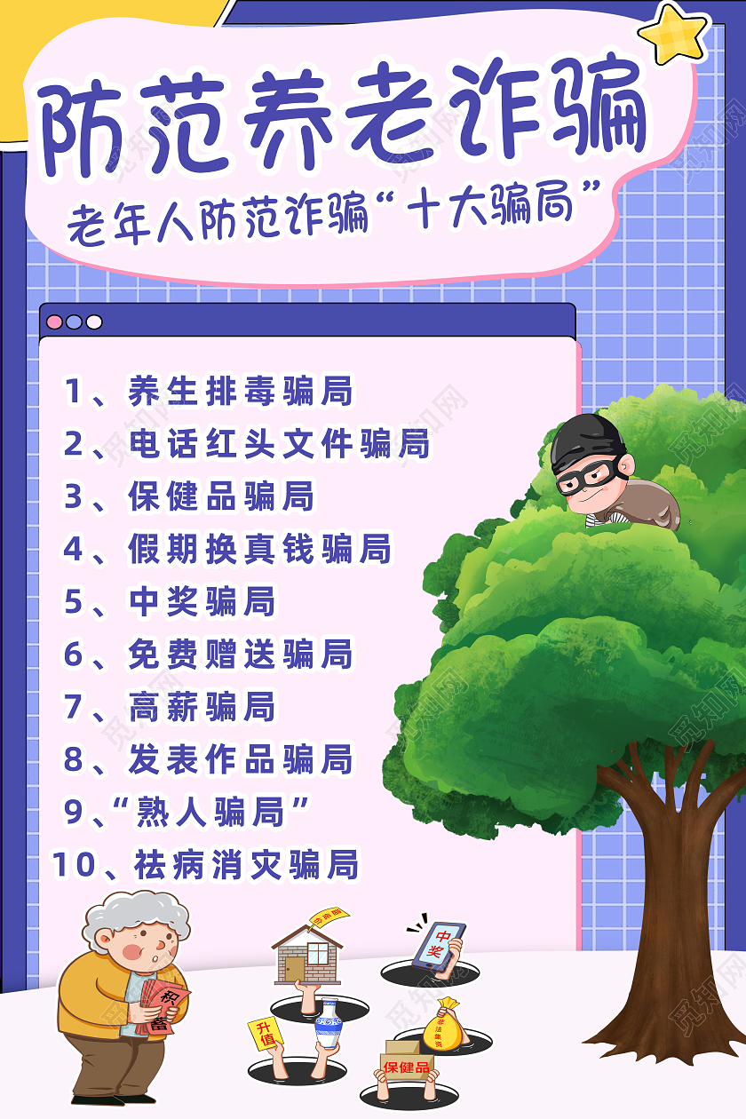 蓝色老人防诈骗宣传海报党建党政党课