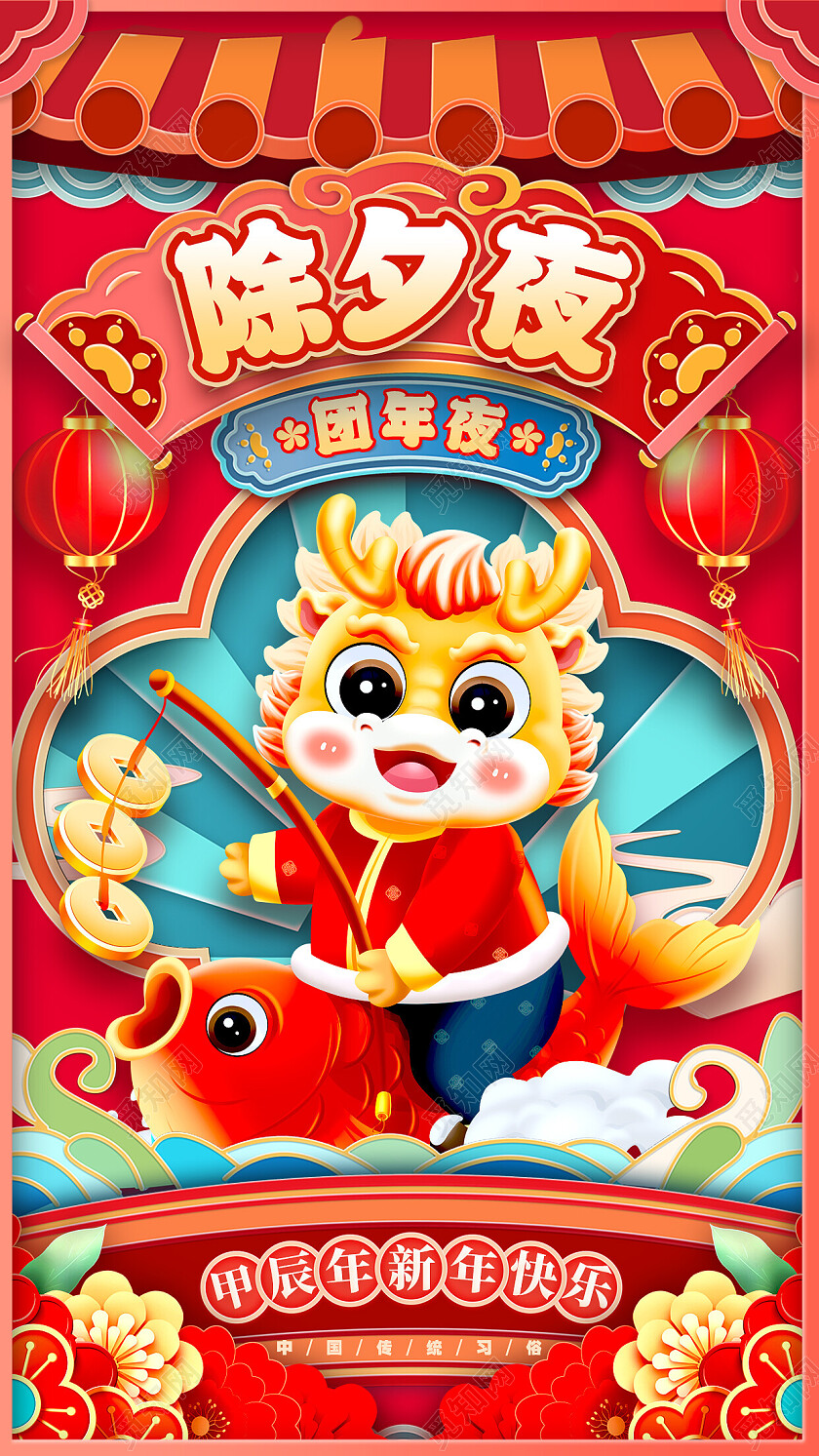 国潮风格红色春节习俗2024新年春节习俗套图海报春节习俗海报