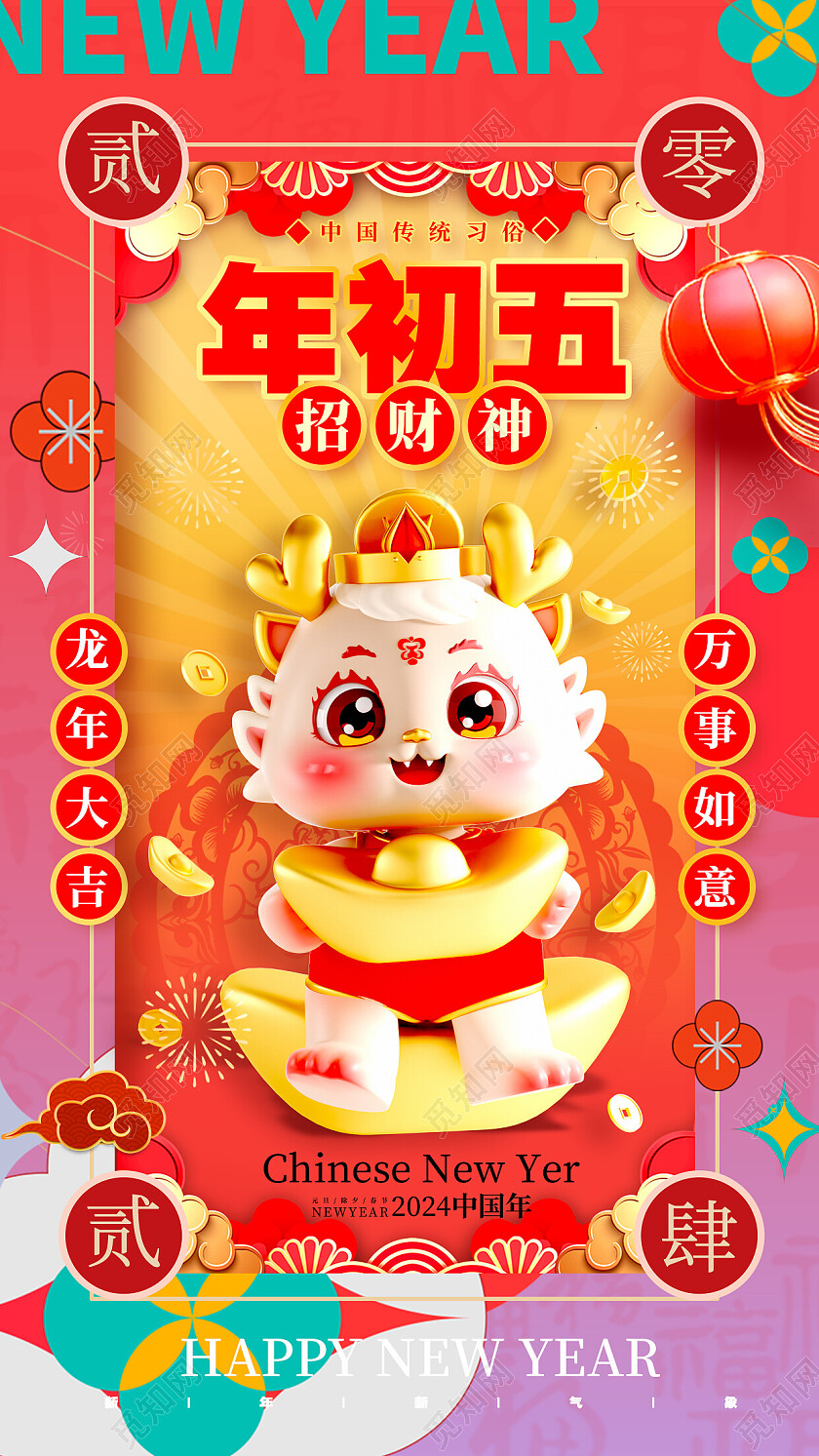 卡通风格渐变色2024新年春节习俗套图海报春节习俗海报