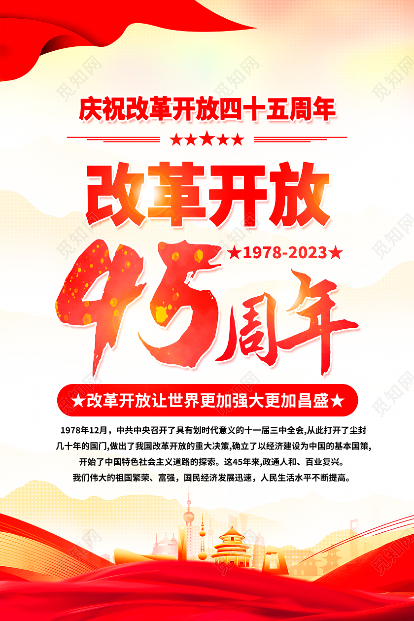 红色简约改革开放45周年海报党政党建
