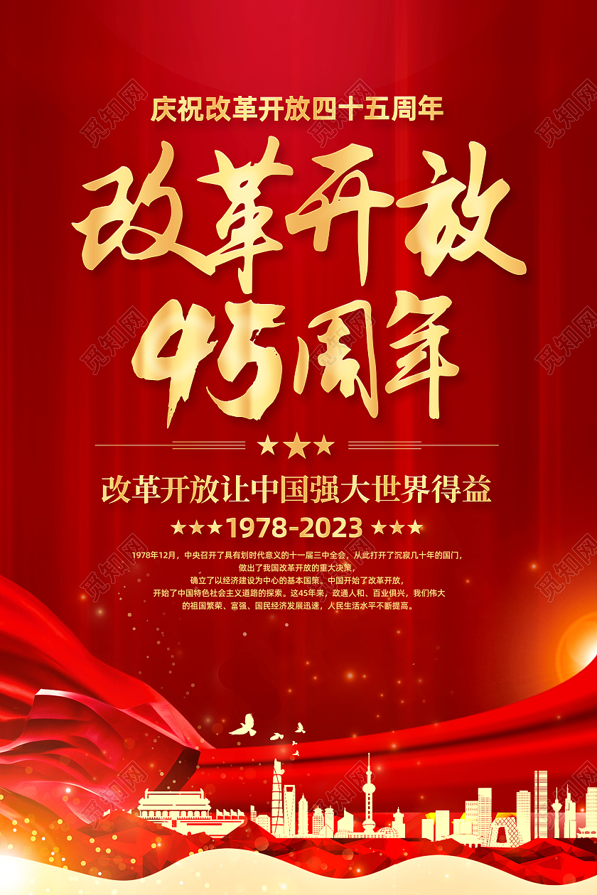 红色简约改革开放45周年改革开放海报党政党建