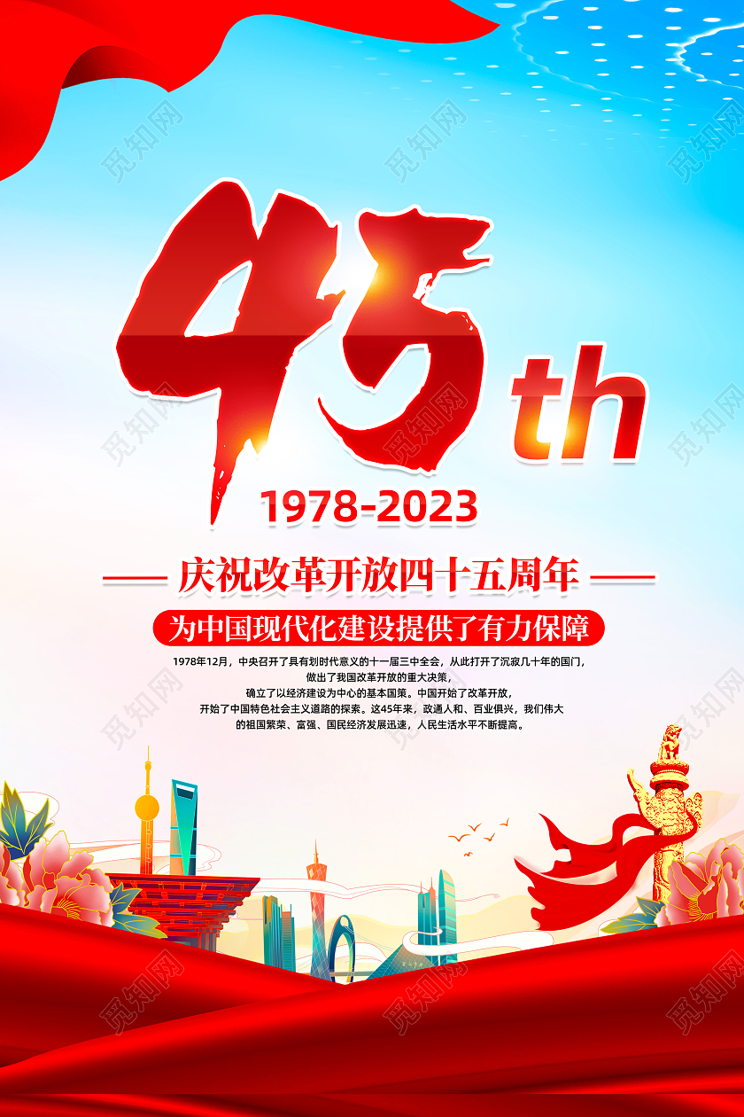 红色简约改革开放45周年改革开放海报党政党建