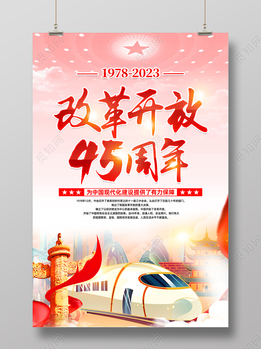红色简约改革开放45周年改革开放海报党政党建