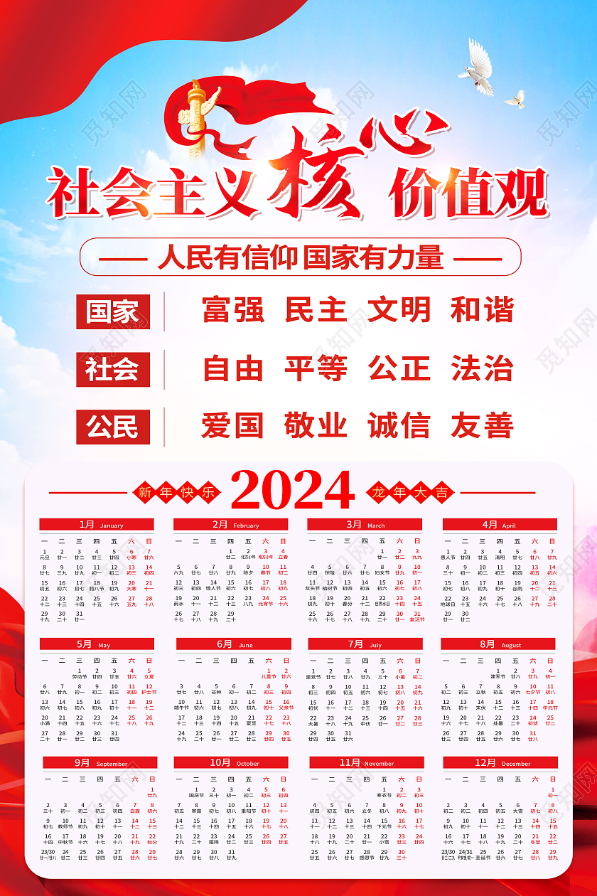 红色简约社会主义核心价值观党建海报党政党建