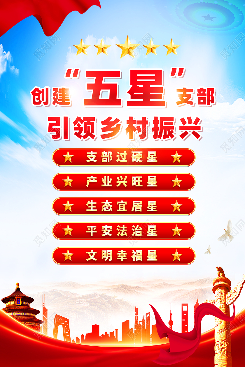 红色简约引领乡村振兴五星支部党建海报党政党建