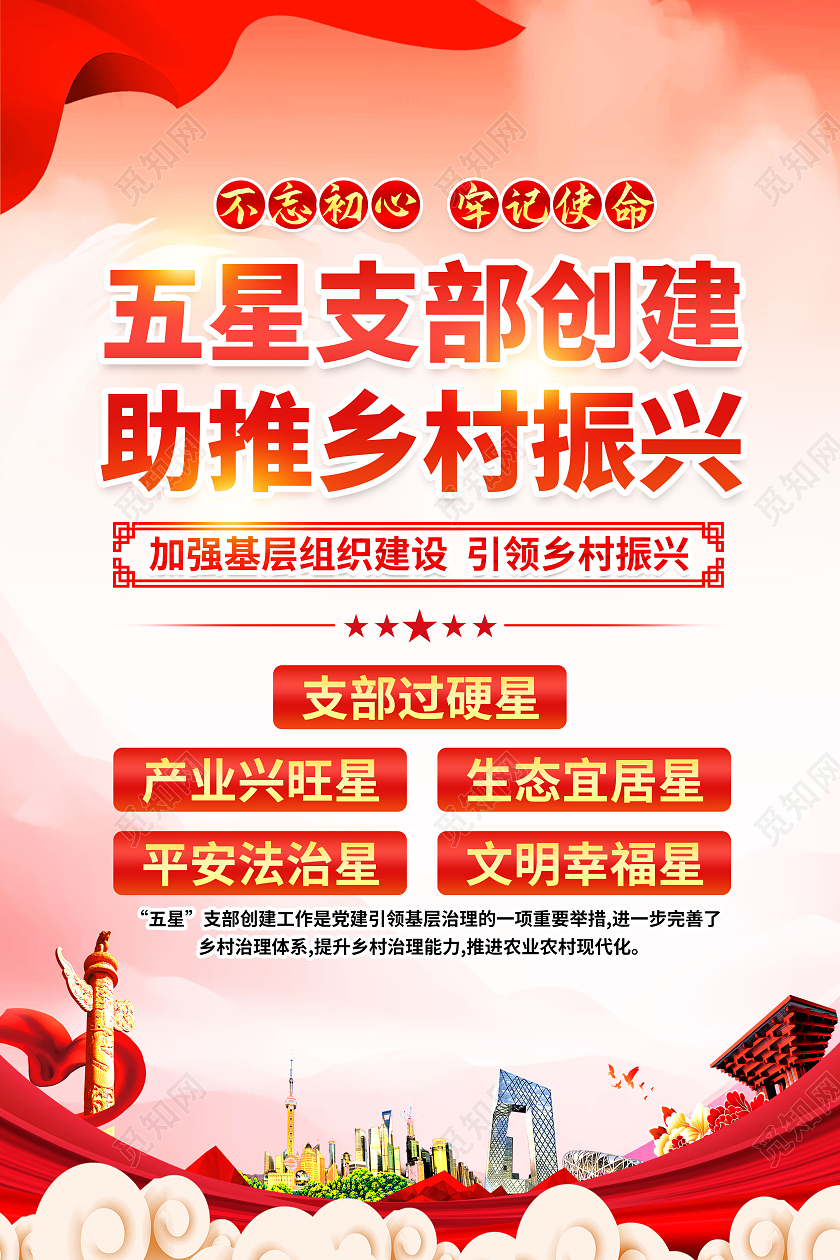 红色简约五星支部创建助推乡村振兴五星支部海报党政党建
