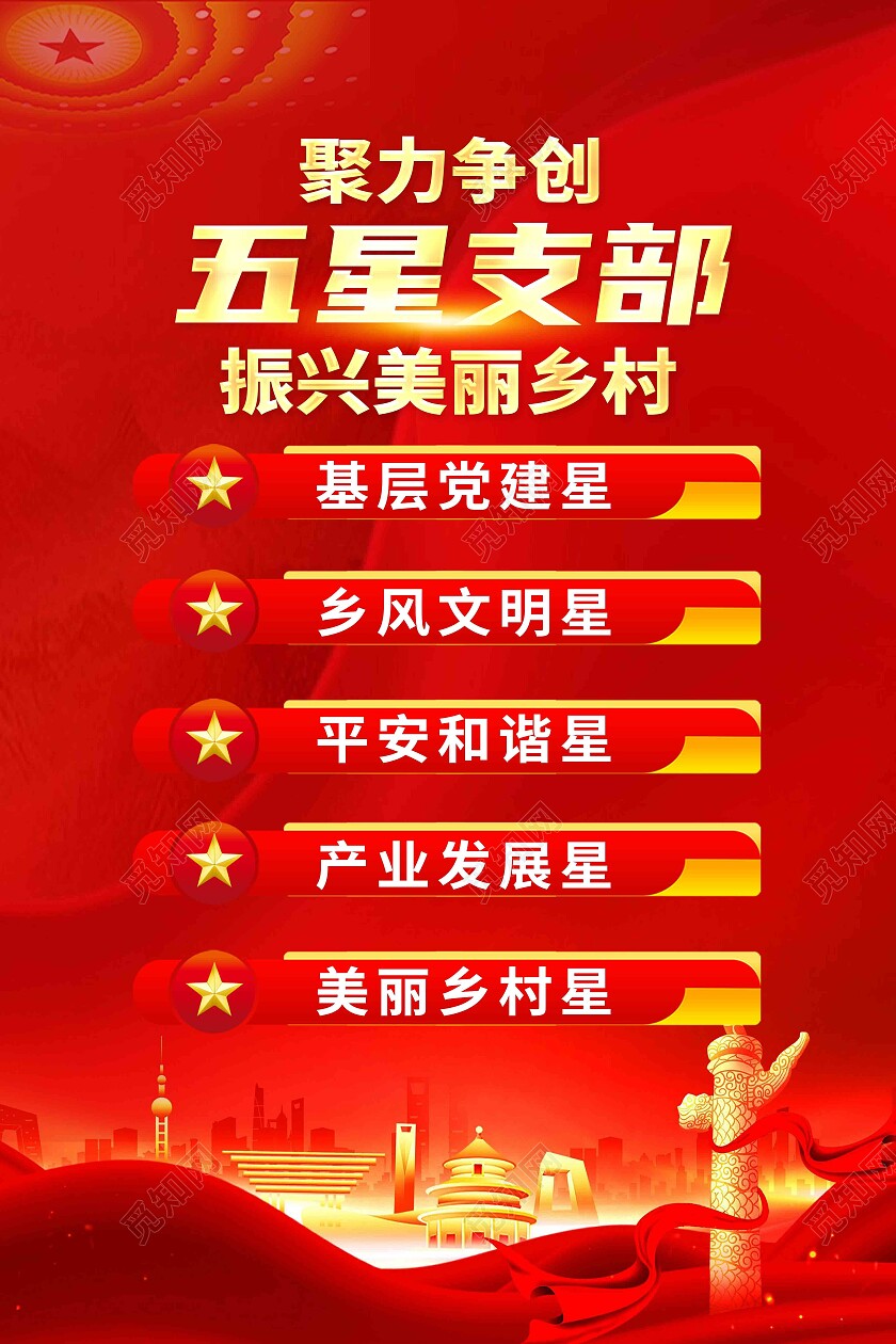 红色简约聚力创建五星支部五星支部海报党政党建