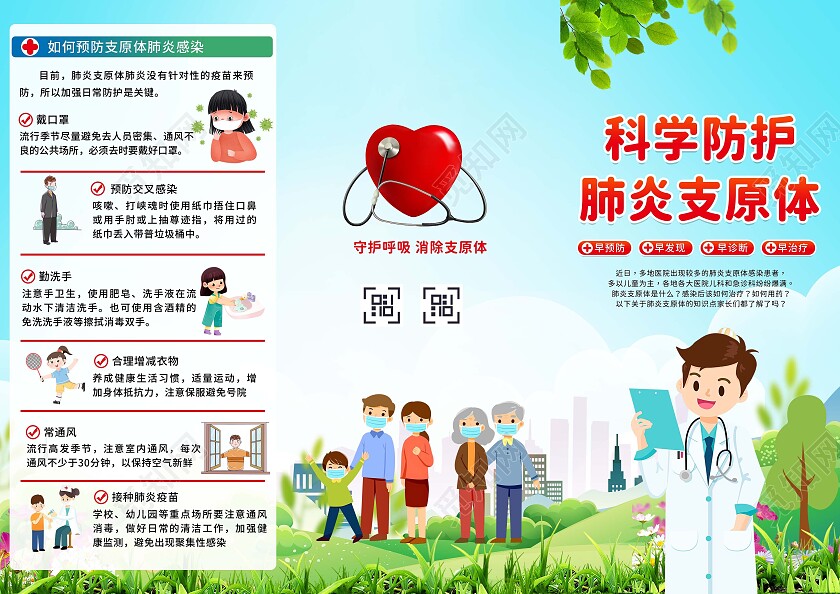 蓝色简约插画风支原体感染预防宣传三折页设计1预防支原体肺炎