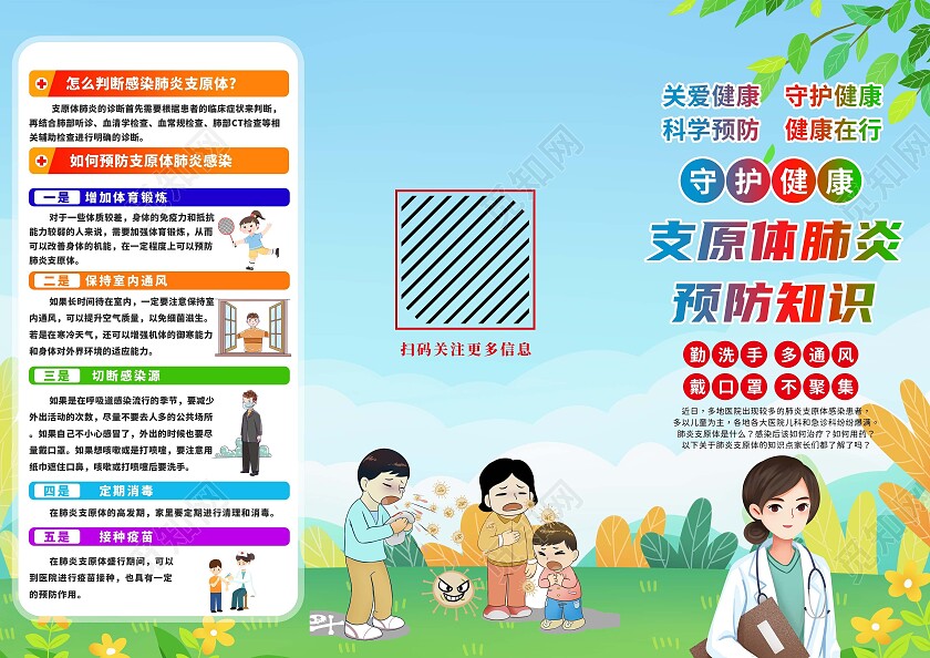 蓝色简约插画支原体感染预防宣传三折页设计预防支原体肺炎