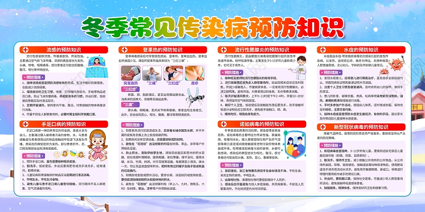 手绘卡通水彩风预防冬季疾病传染病宣传栏