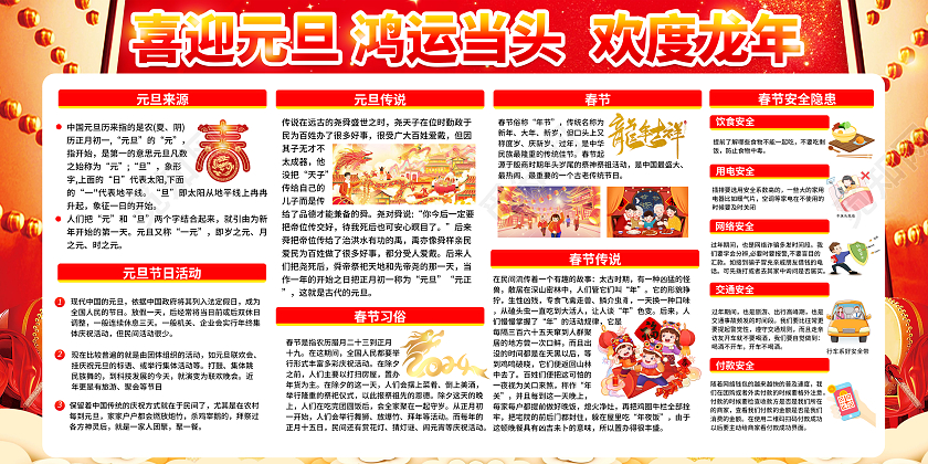 红色大气龙腾四海2024宣传栏龙年元旦宣传栏新年展板