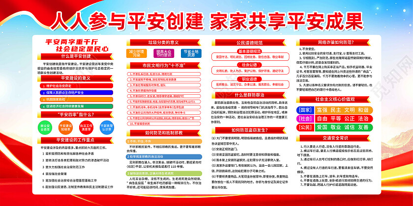 红色简约平安连着你我他建设平安靠大家平安校园展板党政党建
