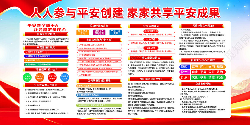 红色简约平安连着你我他建设平安靠大家平安校园展板党政党建