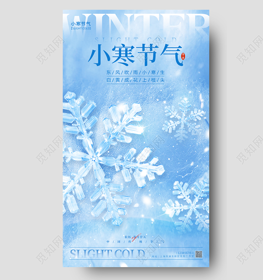 纹理风格蓝色小寒节气小寒宣传海报小寒手机宣传海报