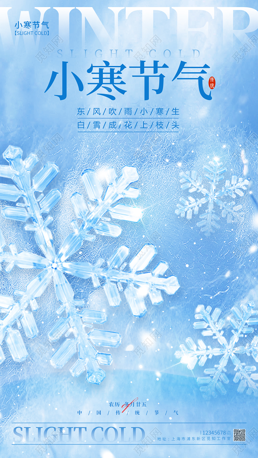 纹理风格蓝色小寒节气小寒宣传海报小寒手机宣传海报