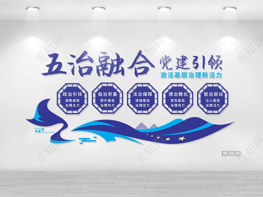 蓝色简约大气五治融合文化墙