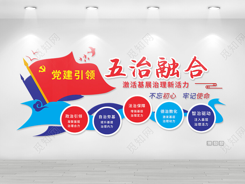 红蓝大气五治融合文化墙