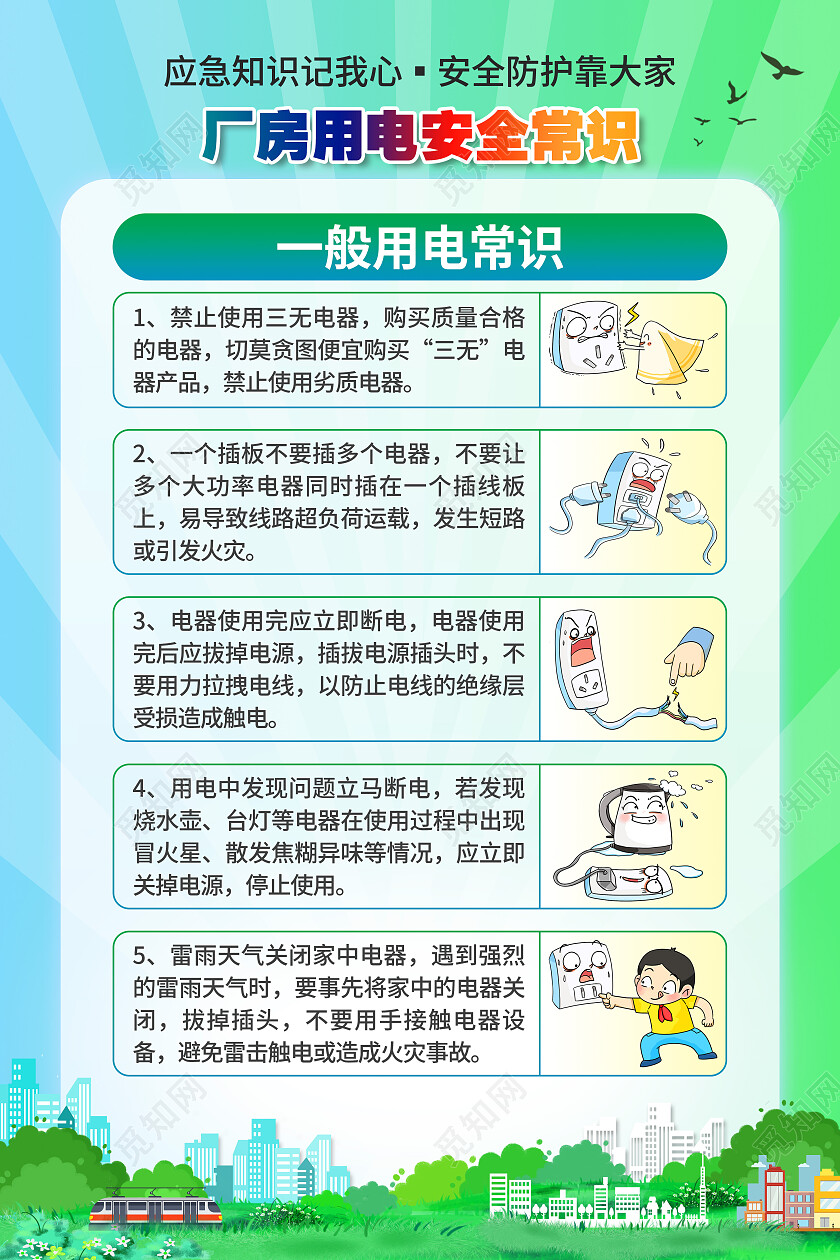 绿色卡通几何放射公司工厂厂房用电安全常识图片系列海报用电安全套图