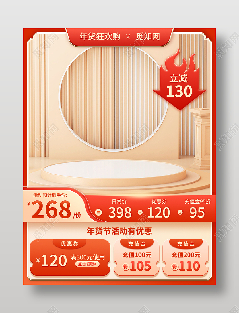 红色简约中国风年货狂欢节电商主图直通车模板