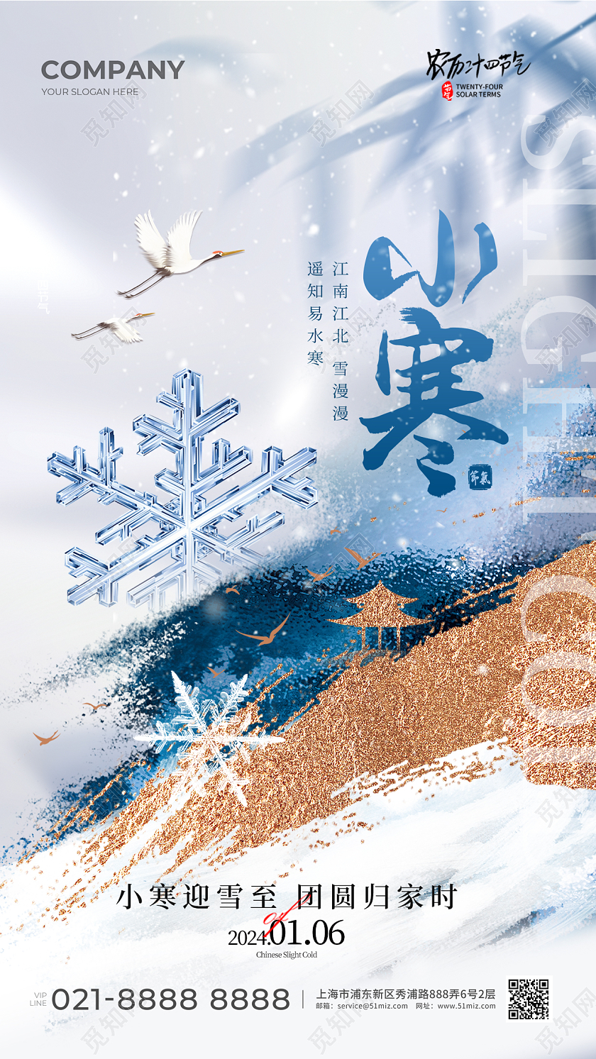 鎏金简约二十四节气小寒节气手机海报
