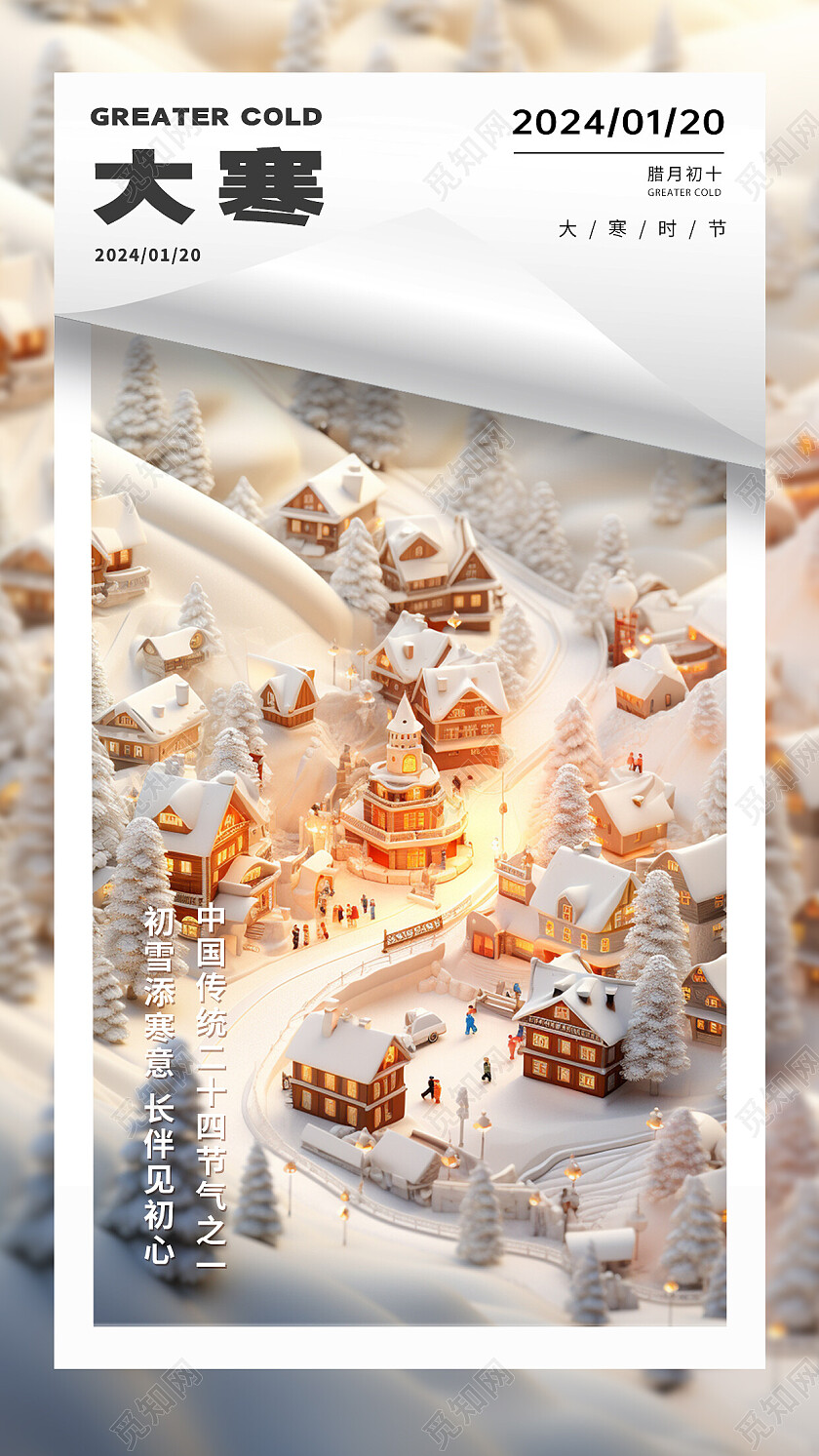 白色插画二十四节气大寒海报大寒
