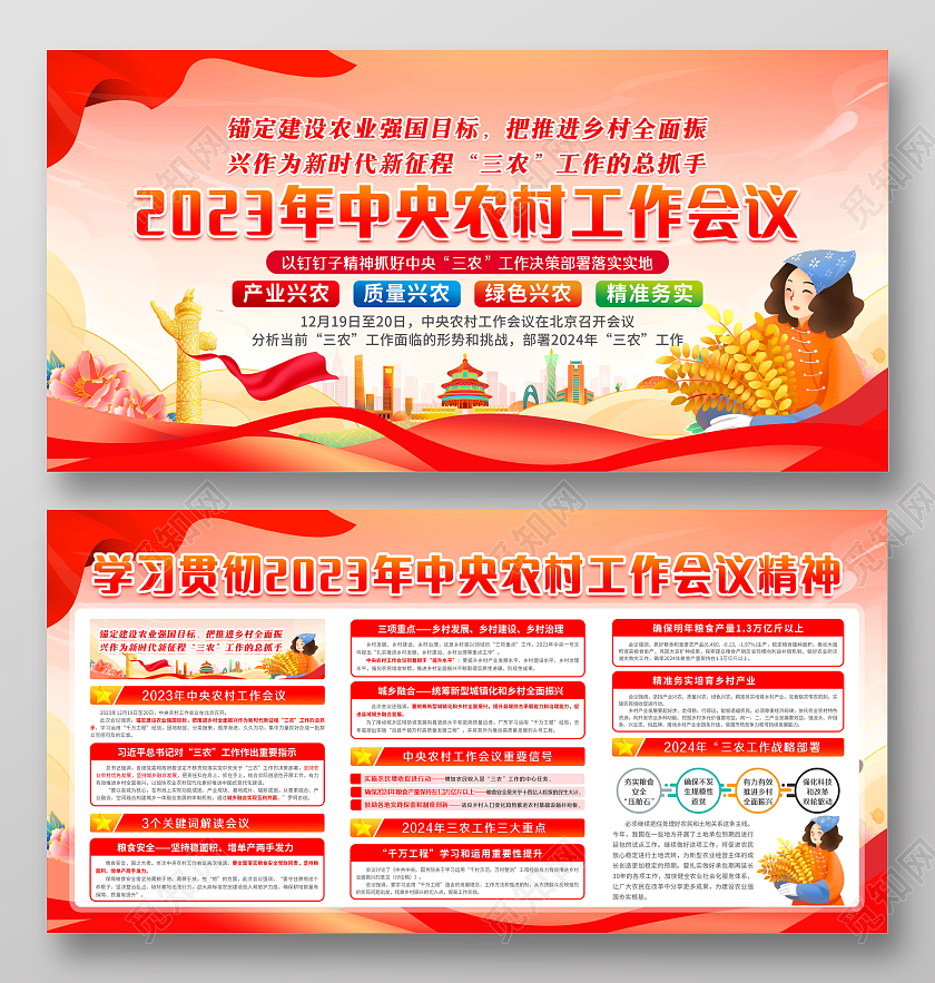 红色大气国潮风中央农村工作会议宣传栏