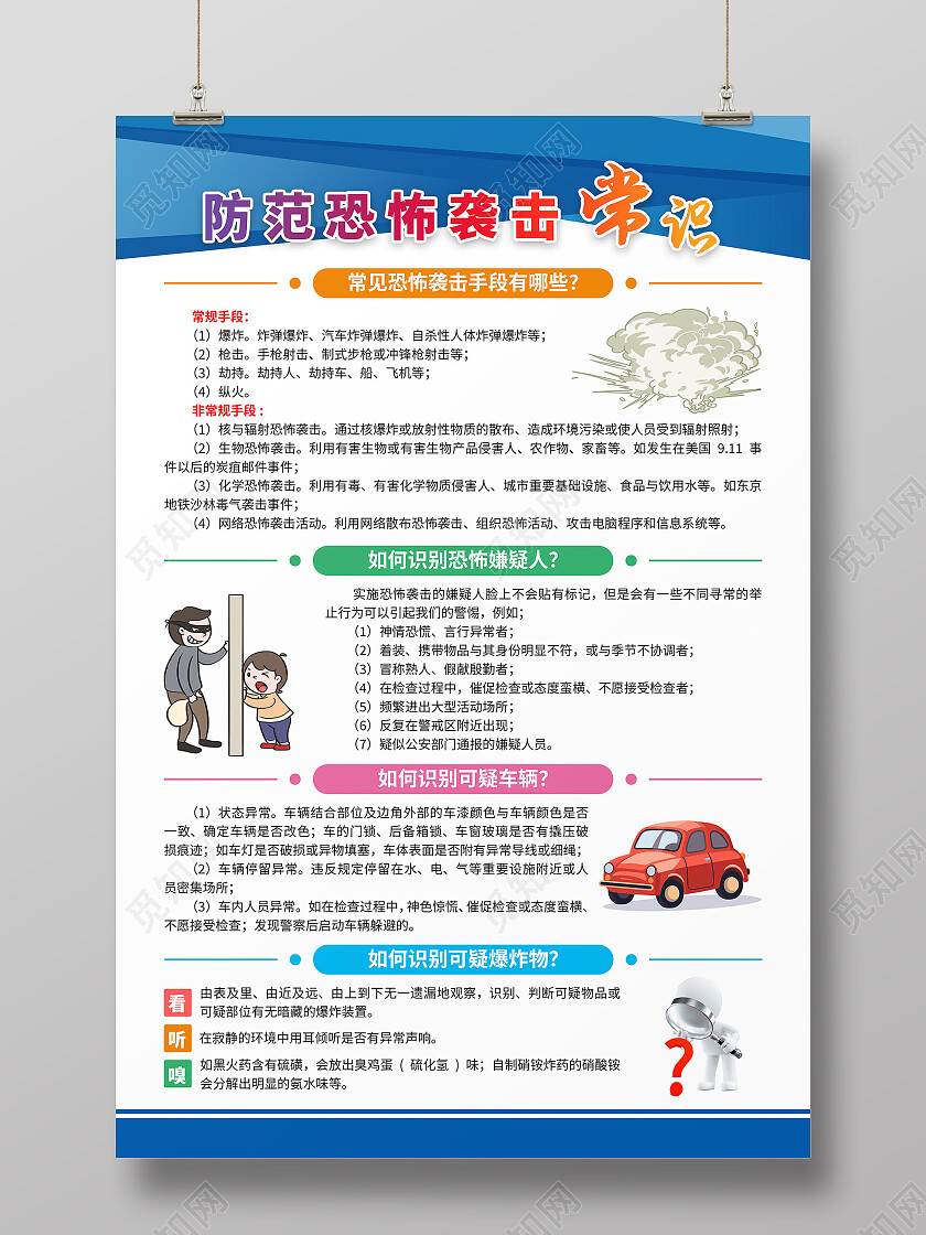 蓝色卡通防范恐怖袭击常识宣传单反恐文案海报