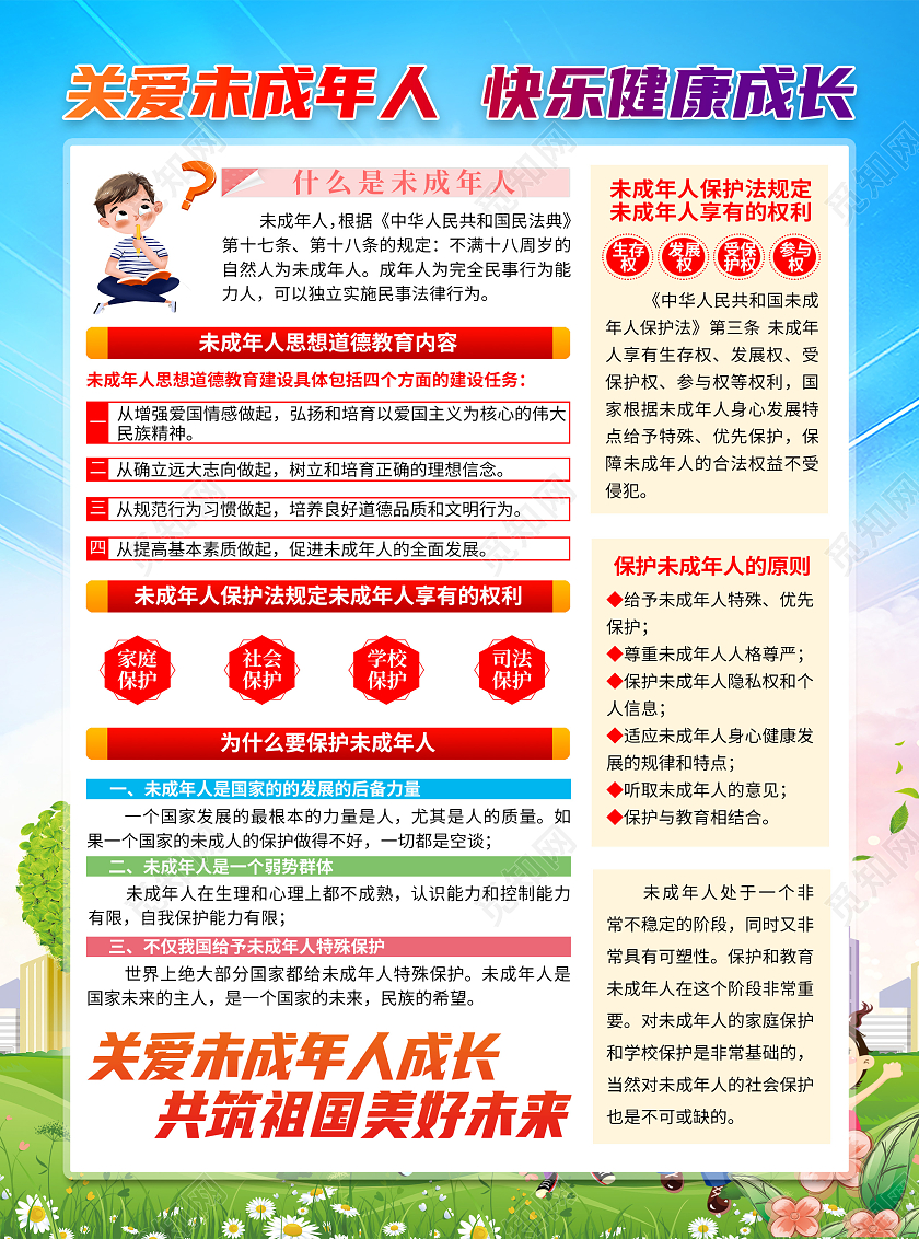 蓝色卡通关爱未成年人快乐健康成长宣传单关爱未成年人宣传单