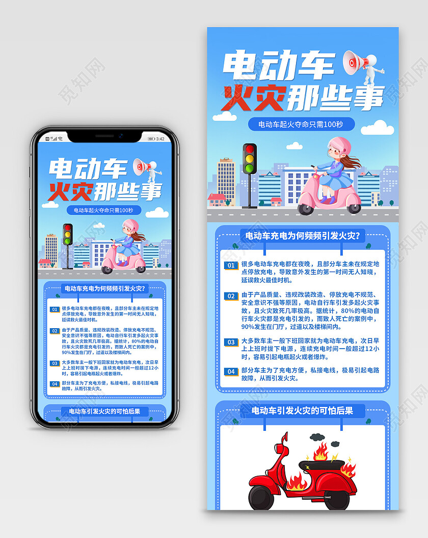 蓝色简约卡通电动车火灾那些事电动车安全长图