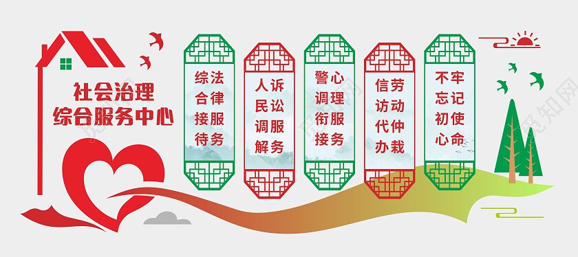 红绿简约大气社会治理综合服务中心文化墙