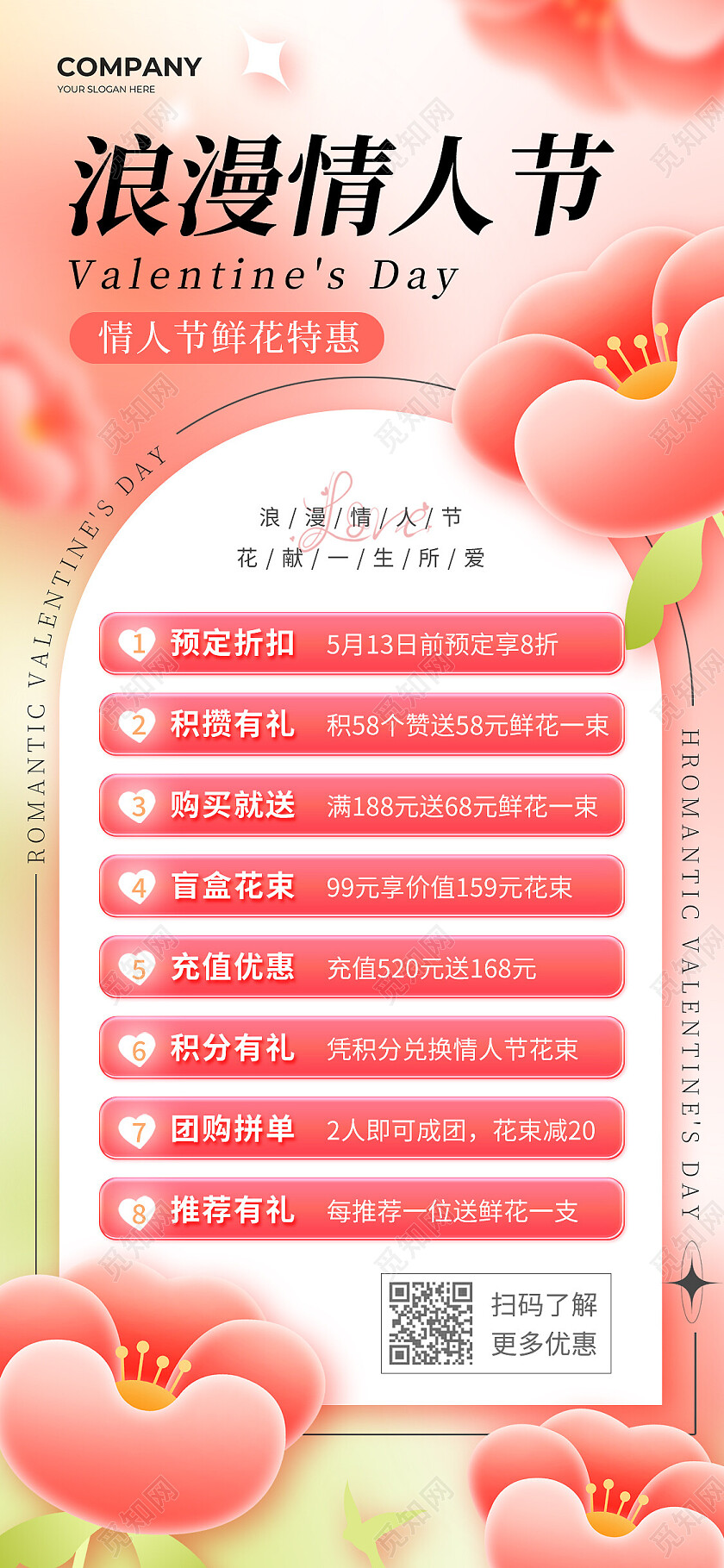 粉色浪漫情人节情人节鲜花手机文案海报