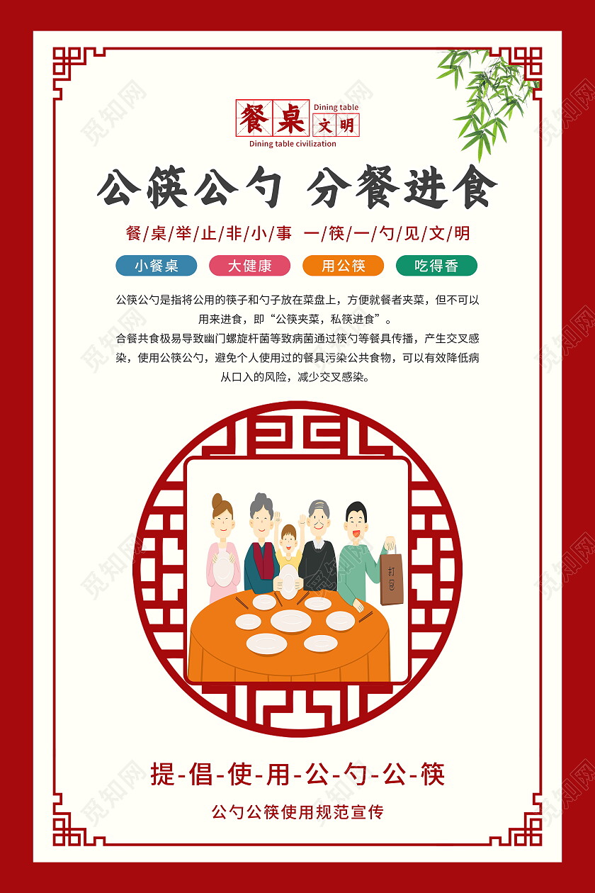 红色简约古典提倡使用公筷公勺餐桌文明宣传海报套图