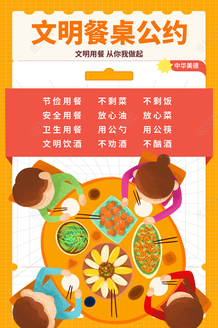 黄色简约风文明餐桌公约文案海报文明用餐文明餐桌文案海报