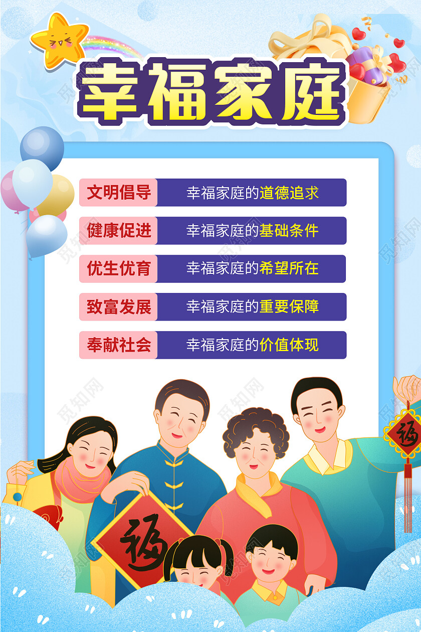 蓝色简约风幸福家庭文案海报