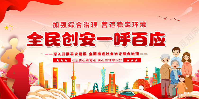 红色大气国潮平安建设中国党建海报展板